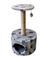 Zooexpress Домик-когтеточка Цилиндр с полкой, мех с рисунком "Лапки", джут 42*42*72 см
