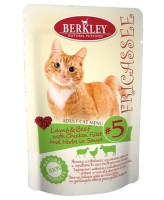 Berkley Фрикасе для кошек №5 Ягненок и говядина с кусочками курицы и травами в соусе 85г, пауч