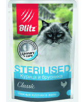 BLITZ Sterilised Консервы для стерилизованных кошек Курица и брусника, кусочки в желе 85г
